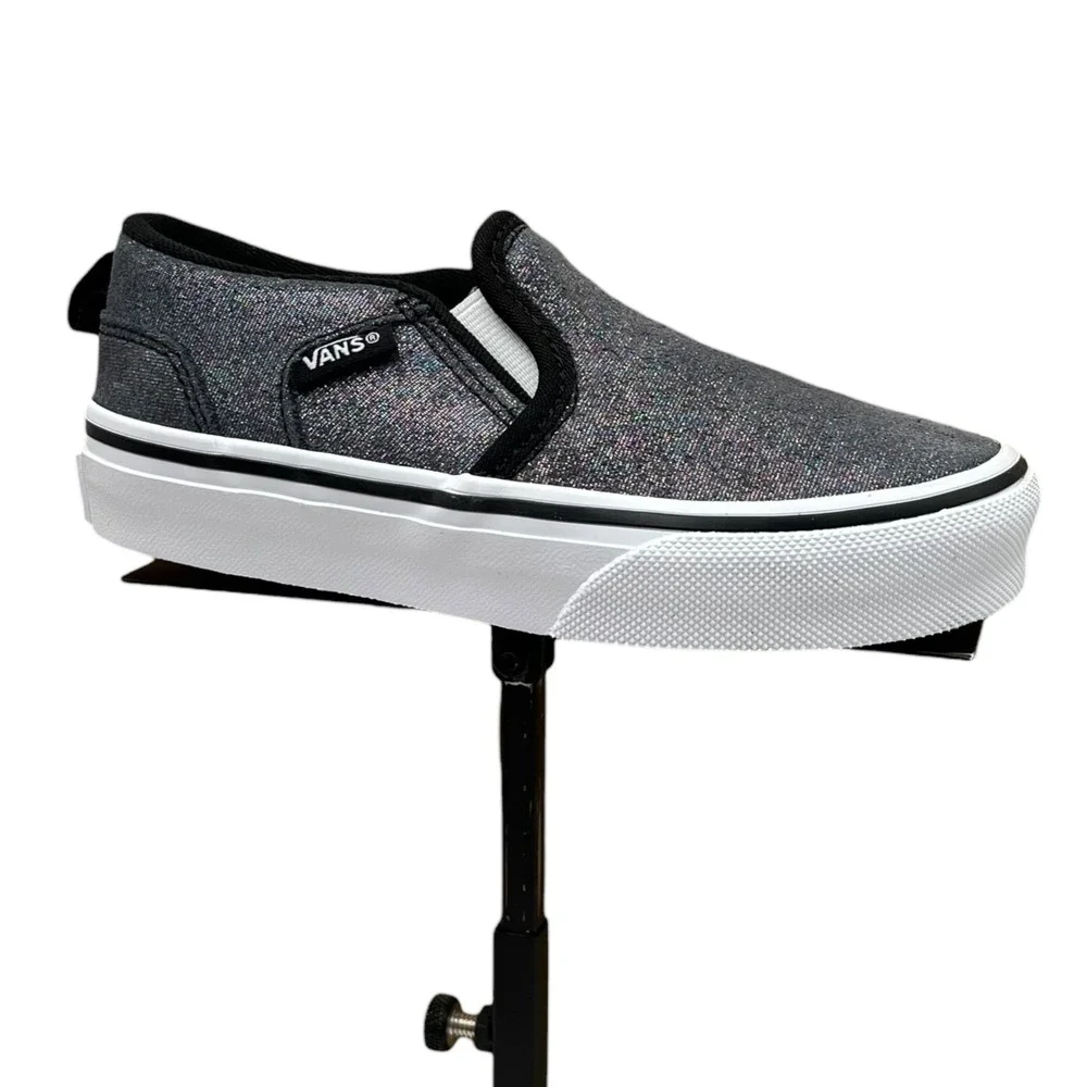 Vans Little Girls Asher Slip On Casual Shoes Size 12 Shimmer Black Gray Sneakers